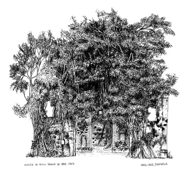 Desenho em preto e branco das ruínas da Igreja de Nosso Senhor da Vera Cruz entre árvores