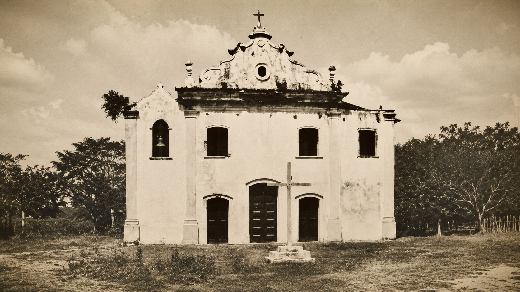 Reconstituição visual em tom sépia de como a igreja poderia ter aparecido antes de se tornar ruína