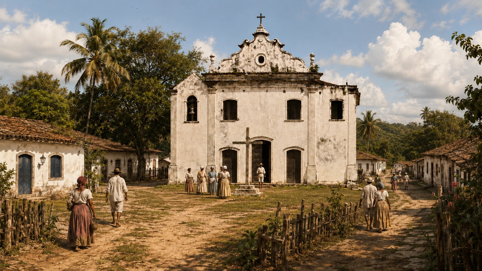 Reconstituição artística da antiga Vila do Nosso Senhor da Vera Cruz, com igreja, casas e caminhos