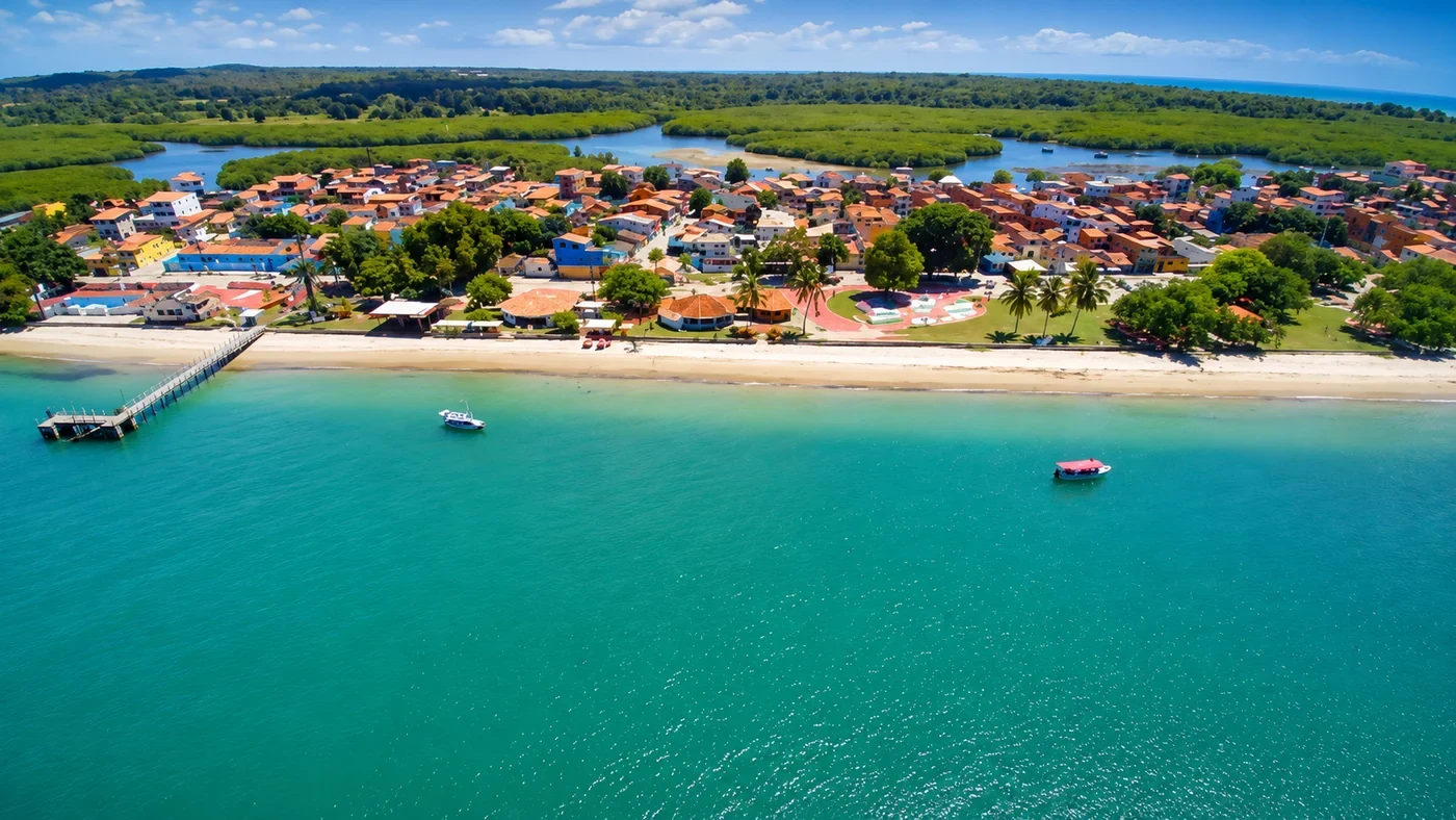 Vista aérea de Cacha-Pregos, com praia, píer, casas, embarcações e manguezais