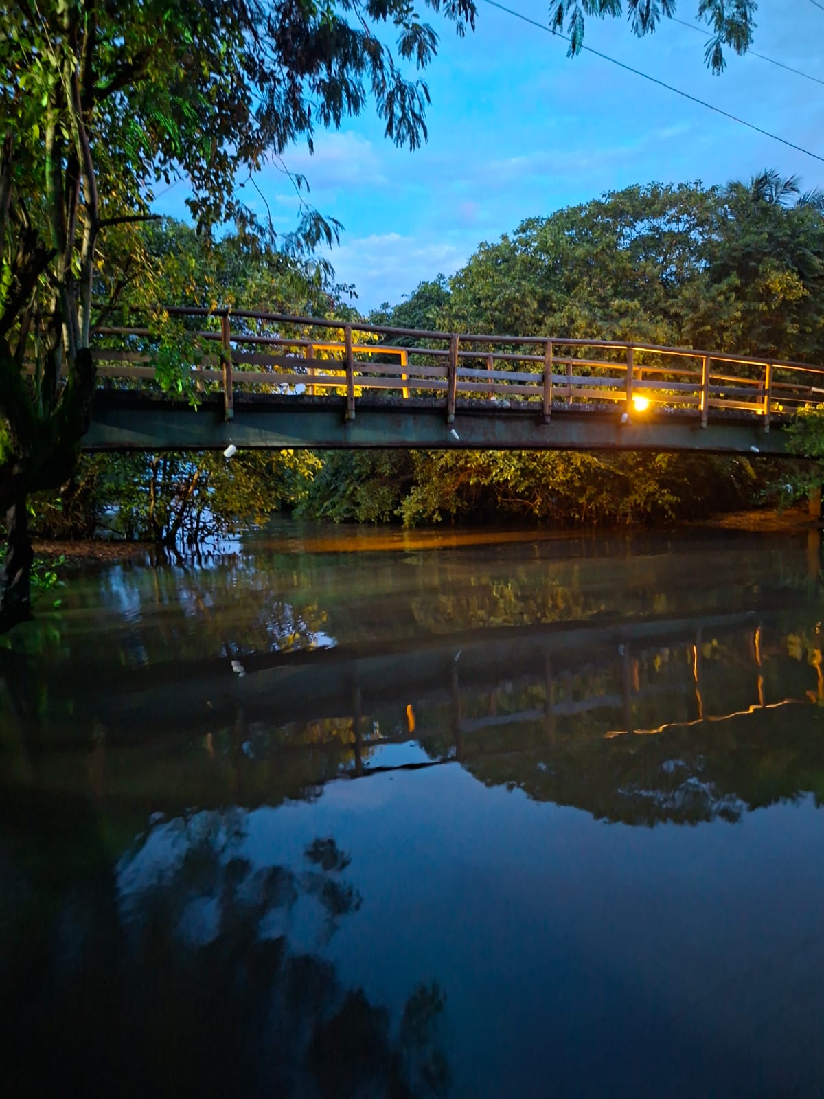 Ponte iluminada sobre as águas na Trilha do Careca