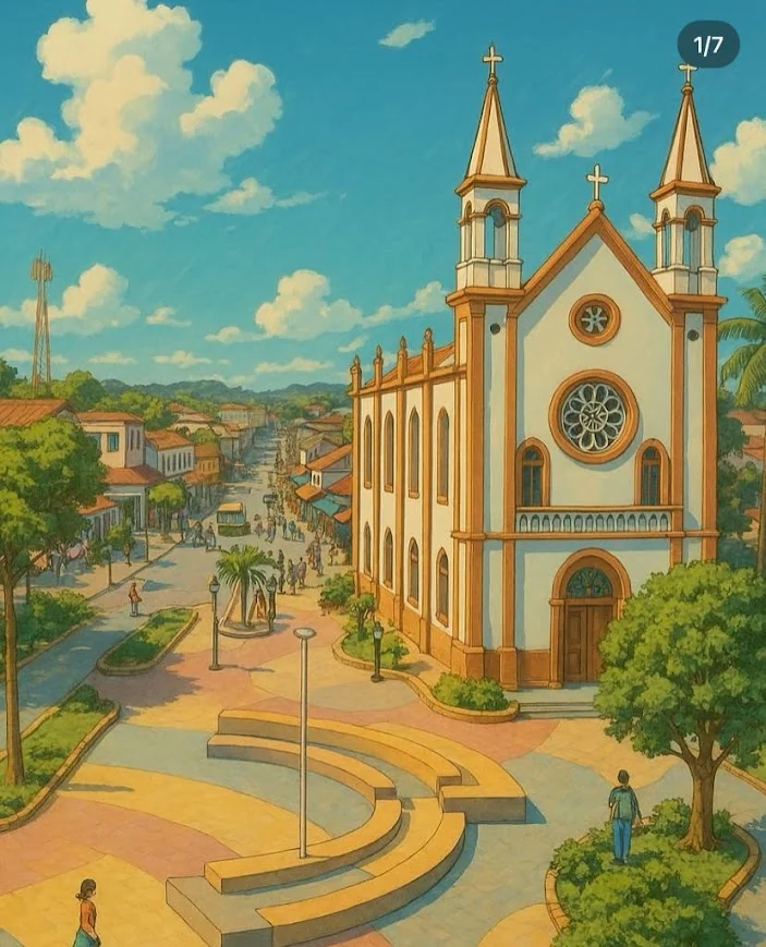 Ilustração artística da Igreja do Sagrado Coração de Jesus e da praça